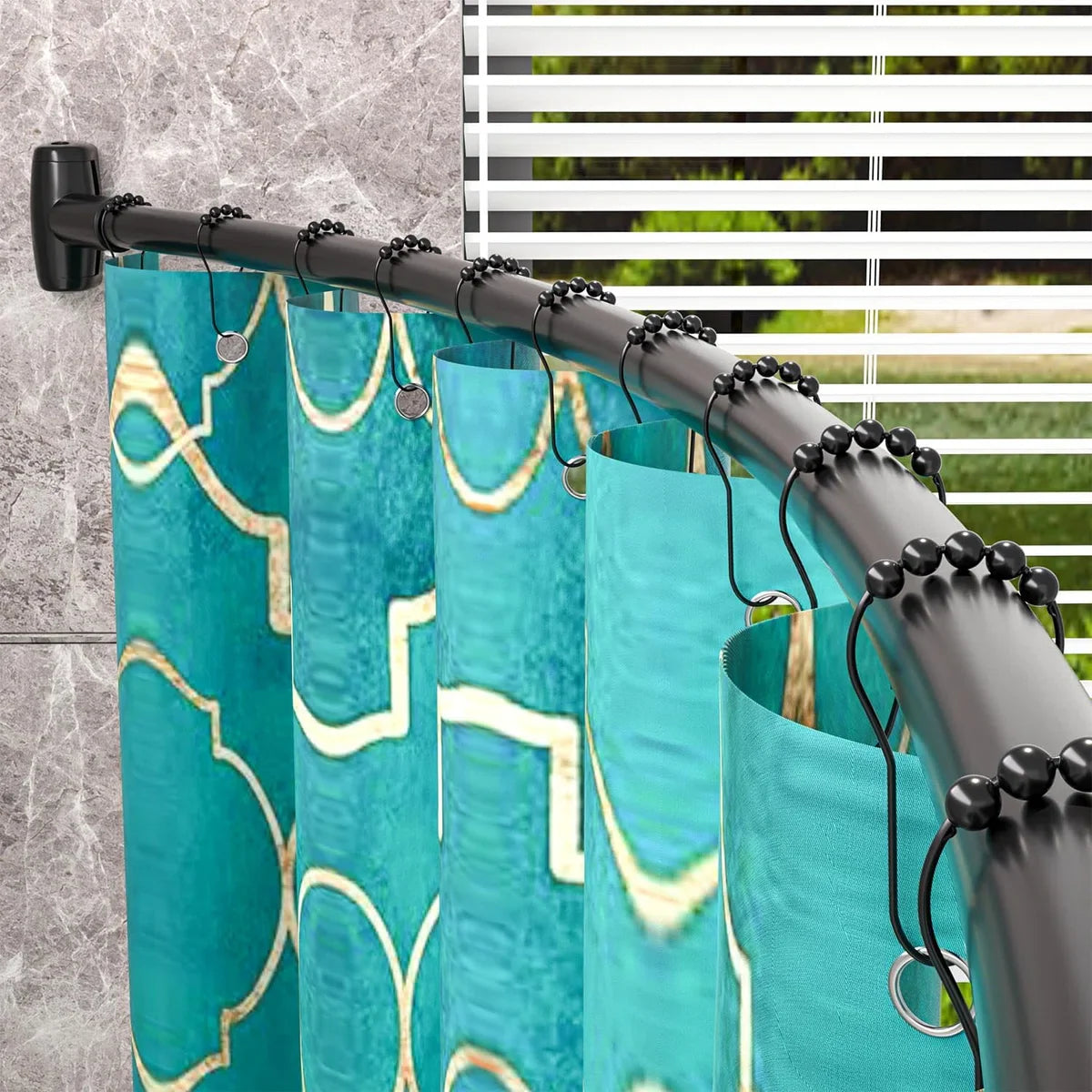 Gebogen douchegordijnroede met 12 ringen - Stevige hoekstang douchegordijn zonder plafondbeugel - Roestvrije douchegordijnroede voor in de hoek - 100-200 cm - Uitschuifbare douchegordijnroede bad & douche Zwart