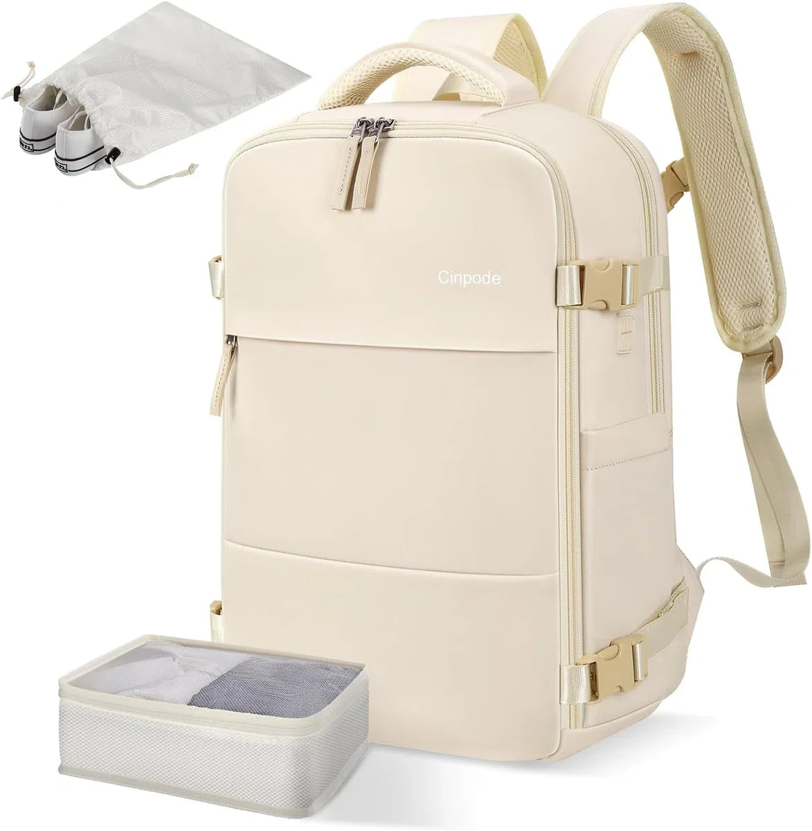 Damesreisrugzak, handbagage, reisrugzak voor 15,6 inch laptop, anti-diefstal, waterafstotend, rugzak, vliegtuig, handbagage, reisrugzak voor dames, voor werk, school, reizen (beige)