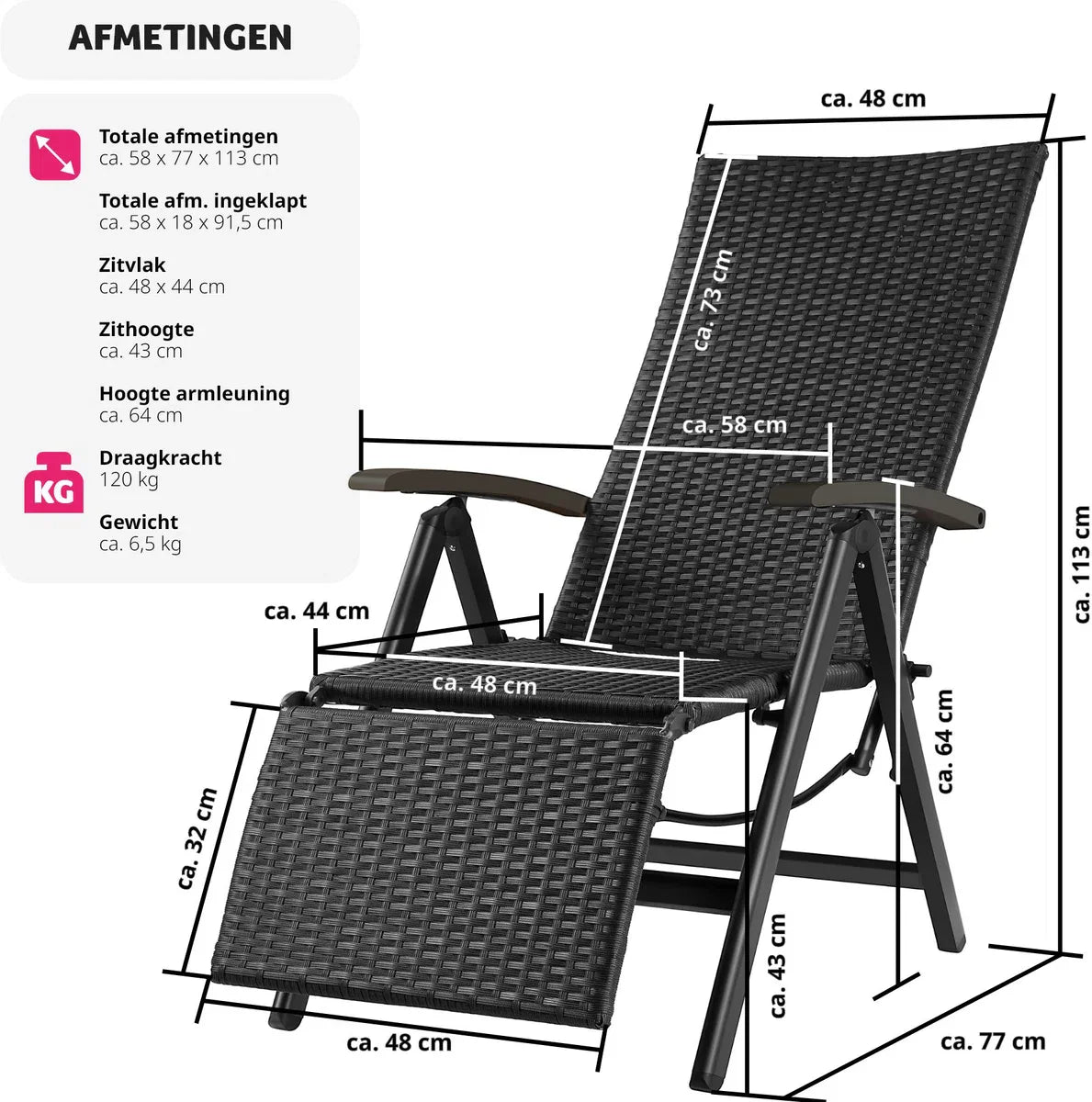 Wicker tuinstoel, inklapbaar, met aluminium frame en voetensteun - zwart