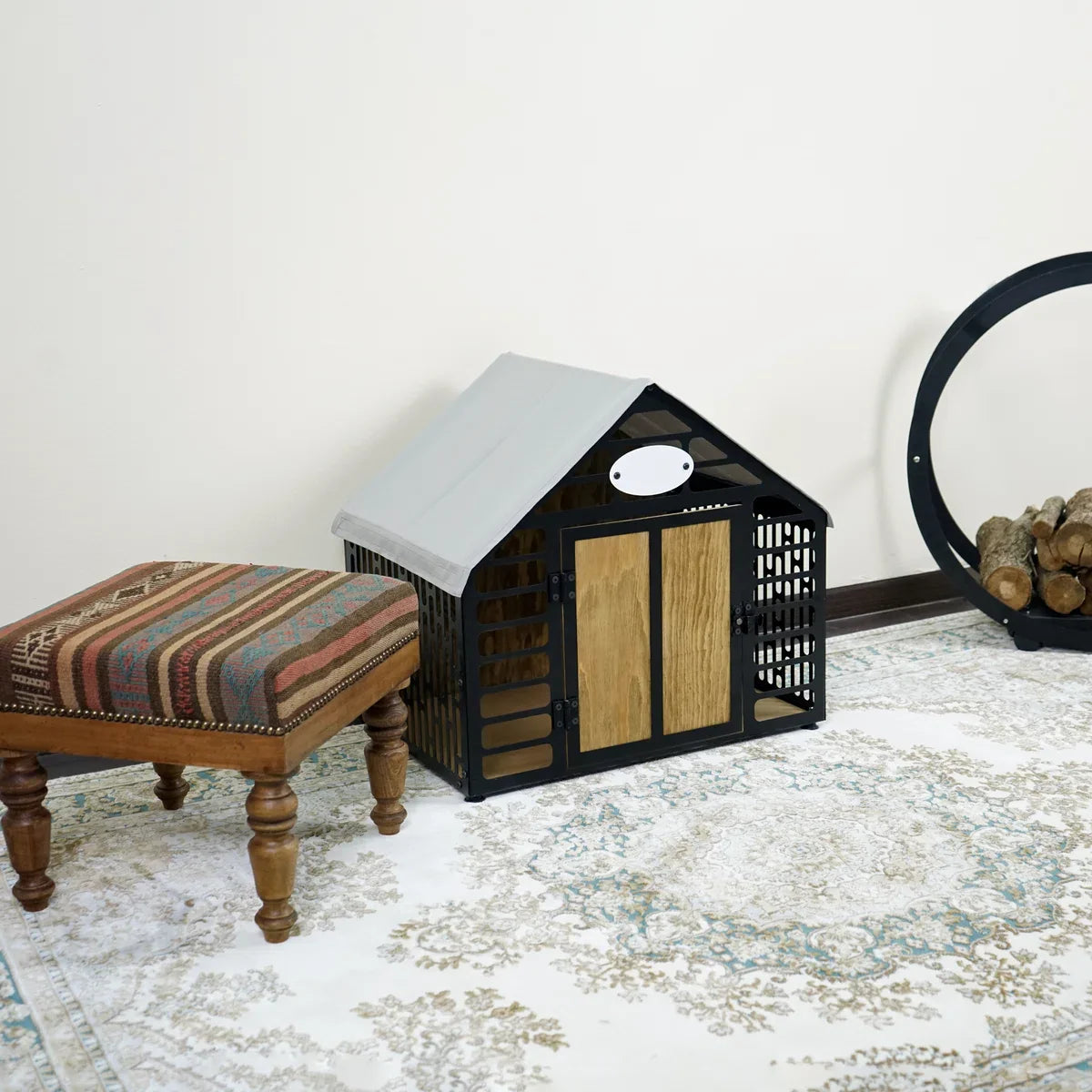 Dog Crate - Dog Kennel - Wooden Dog Crate - Indoor Dog Kennel - Metal and Wooden Dog Kennel - Pet Furniture - Durable Dog Kennel - Stylish Dog Kennel - SMALL - Black 67x57x55 cm
