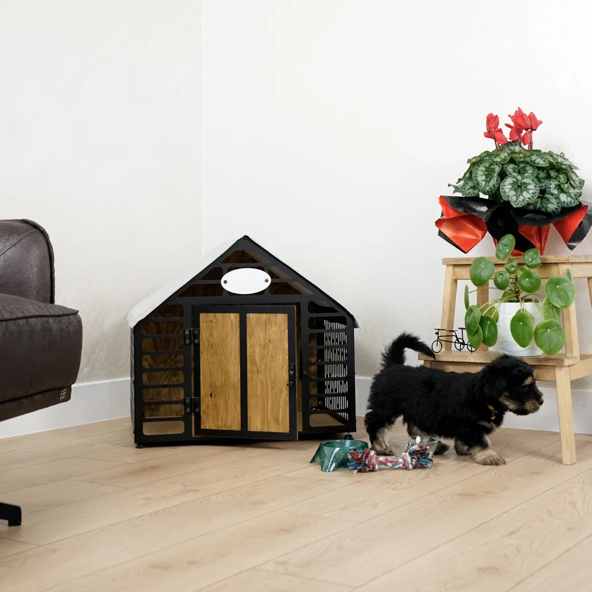 Dog Crate - Dog Kennel - Wooden Dog Crate - Indoor Dog Kennel - Metal and Wooden Dog Kennel - Pet Furniture - Durable Dog Kennel - Stylish Dog Kennel - SMALL - Black 67x57x55 cm