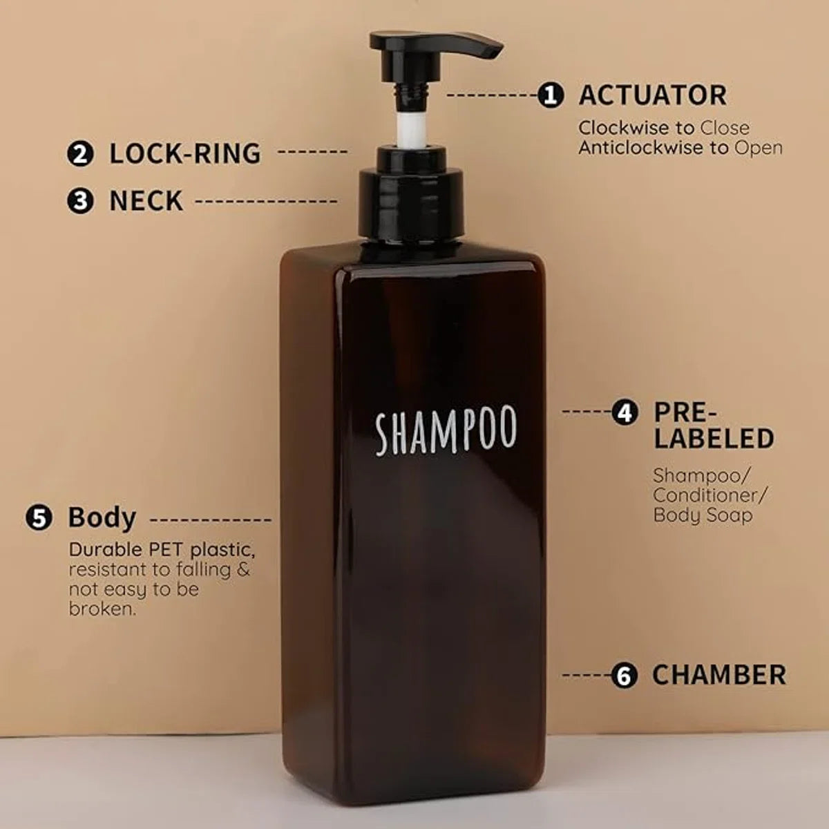 A Luxe zeep Lotion Dispenser vierkant, 3 stuks, 500 ml, bruin, zeepdispenser, set met etiketten voor shampoo, conditioner, bodyzeep, navulbare kunststof pompflessen voor badkamer, hoge capaciteit