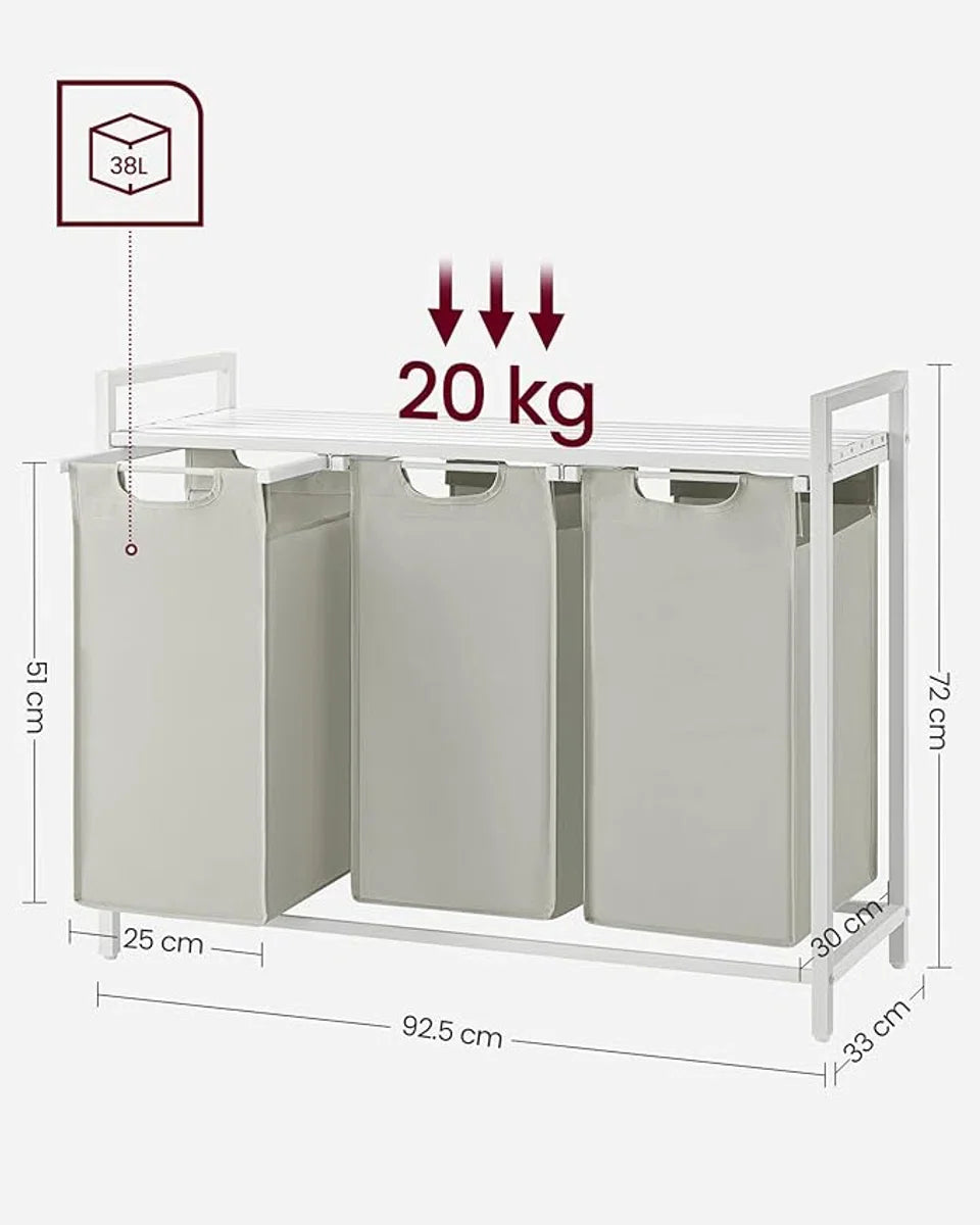 Wasmand 3 vakken – wassorteerder - uitschuifbaar met plank - 92.5 x 33 x 71 cm – wasmand - 168 L verdeeld over 3 zakken – wasmanden – wasmand wit metaal - wit hout