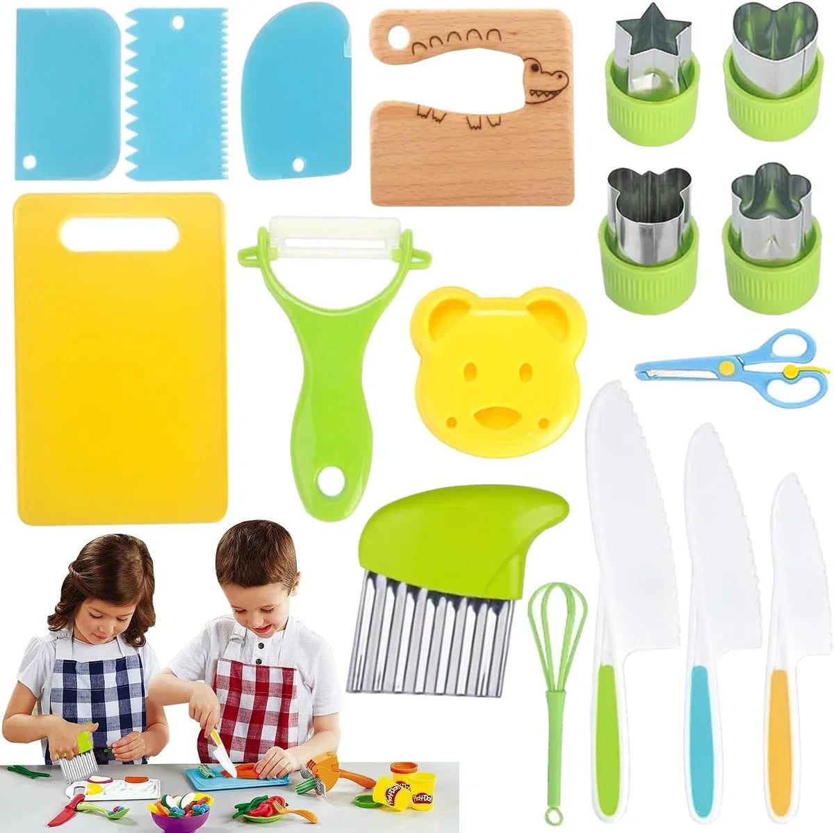 Children's Knives, 17-Piece Kids Cooking Set, Learn to Cut for Toddlers, Including Cutting Board, Crinkle Cutter, Y Peeler etc., Montessori Kitchen Utensils