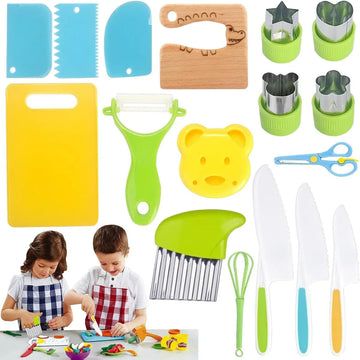 Kindermessen, 17-delige kinderkookset, leren snijden voor peuters, inclusief snijplank, golfsnijder, Y dunschiller enz., Montessori keukengerei