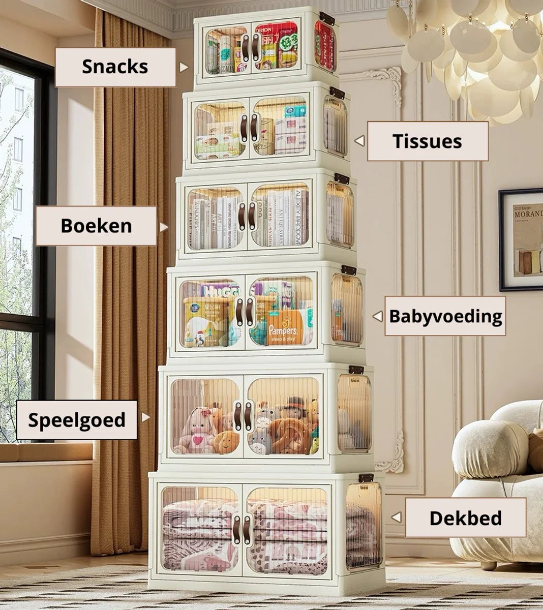 Storage boxes - Storage boxes with lid - Storage box - Storage cabinet - Foldable - Storage cabinets with doors - With wheels - Width 47cm - 3 layers - Storage - Organizer - Tidy up - Kitchen - Bathroom - Living room - Bedroom