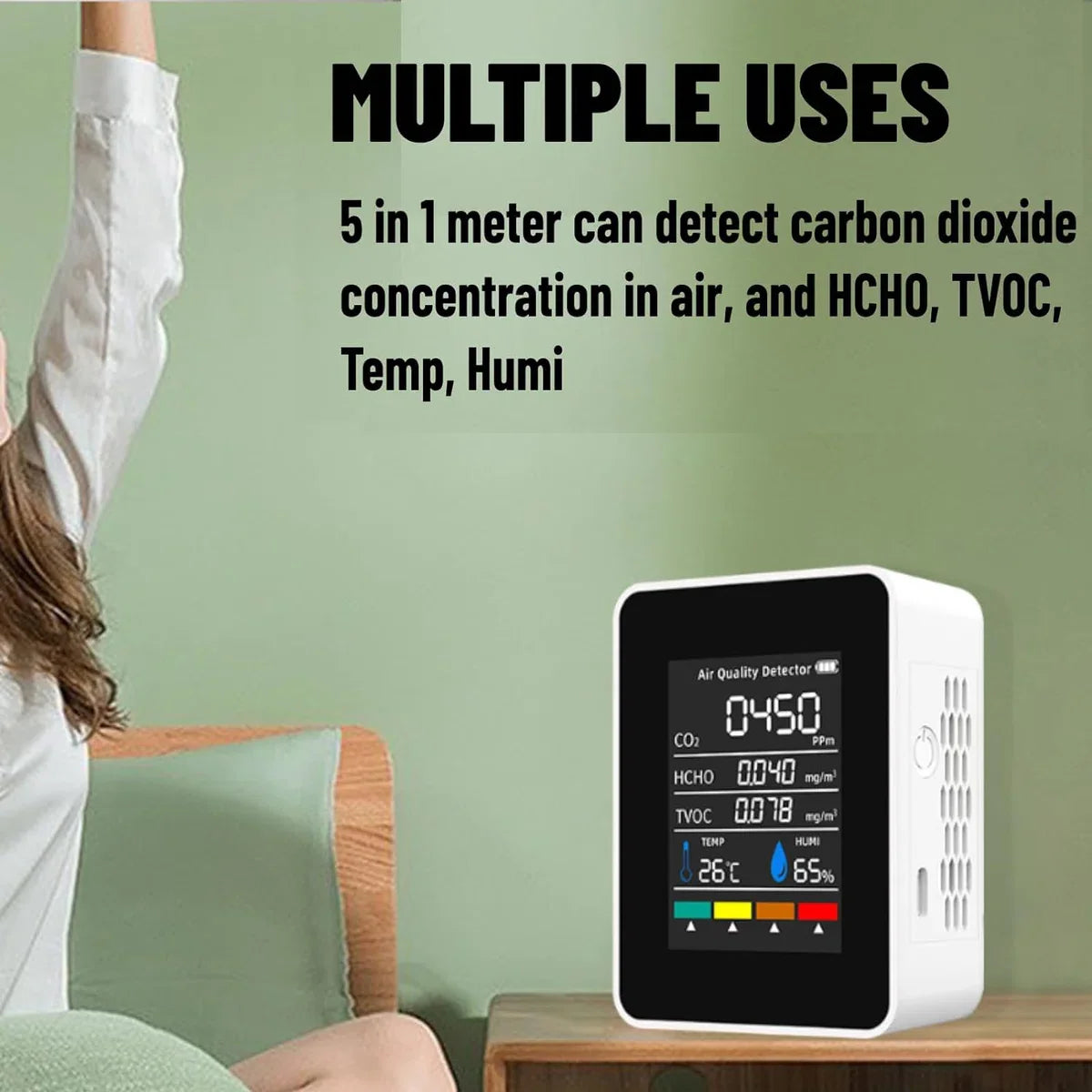 CO2-meter - CO2-meter binnen - Luchtkwaliteitsmeter - 5-in-1 meter - Kooldioxidemeter - Bereik tot 5000 ppm - Oplaadbaar - Wit/Zwart - Slimme CO2-meter - Inclusief alarm voor boven- en ondergrens