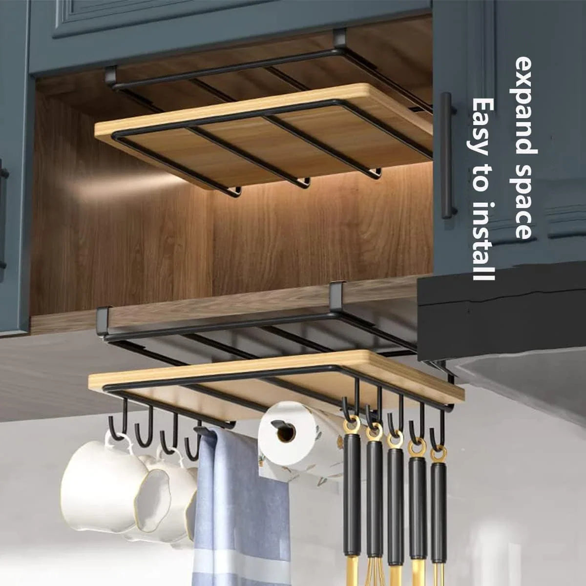 Snijplank plank houder roestvrij staal zonder boren keukenorganizer aan de kast keukengerei als plank insert telescopische plank voor opslag en veiligheid - dubbelwandige snijplankhouder zwart
