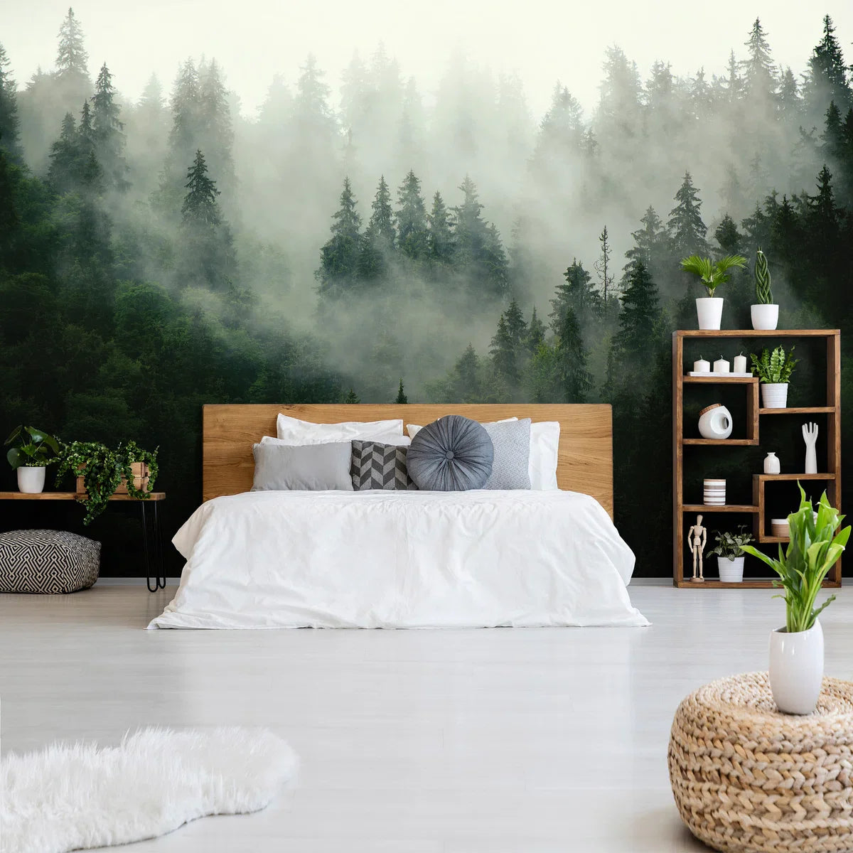 Fotobehang - Vliesbehang - Mistig Bos - Dennenbos in de Mist - 368 x 254 cm