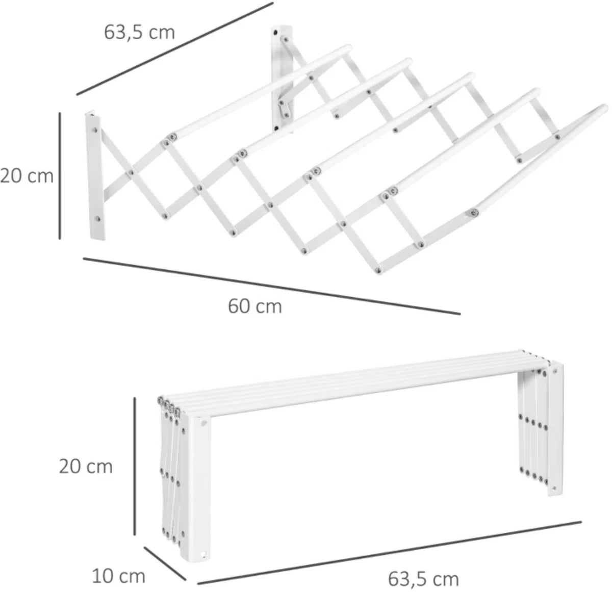 Wall-mounted drying rack - Foldable clothes rack - Drying rack - Extendable - White - 63.5 x 60 x 20 cm
