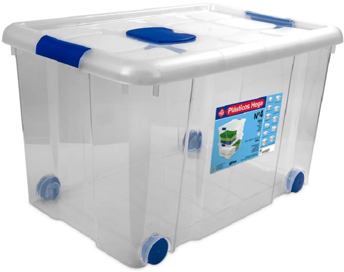 2x Opbergboxen/opbergdozen met deksel en wieltjes 55 liter kunststof transparant/blauw - 59 x 40 x 35 cm - Opbergbakken