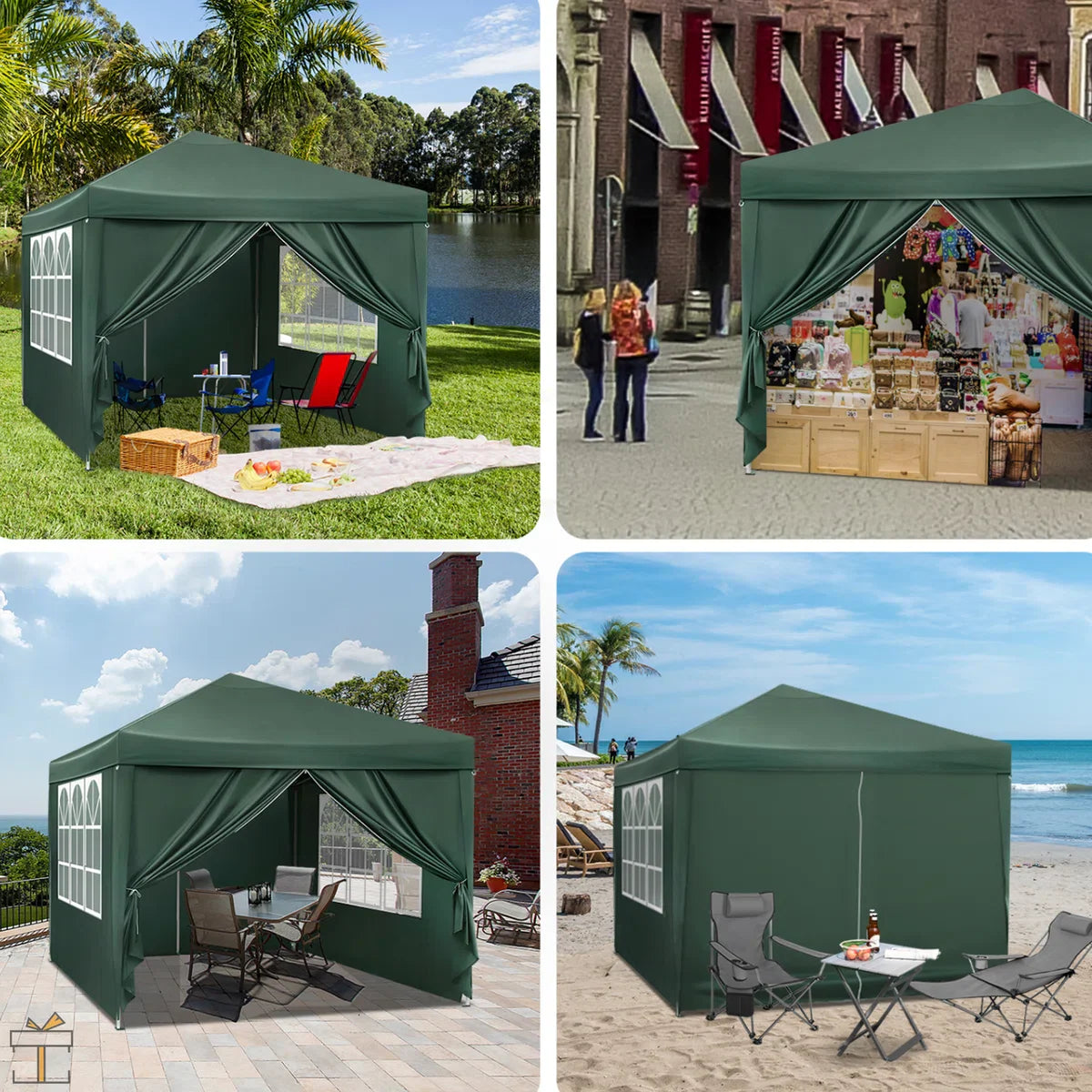 Happyment Partytent met zijwanden - Groen - Opvouwbaar - Easy up - Paviljoen - Waterdicht weerbestendig - 3x3 m