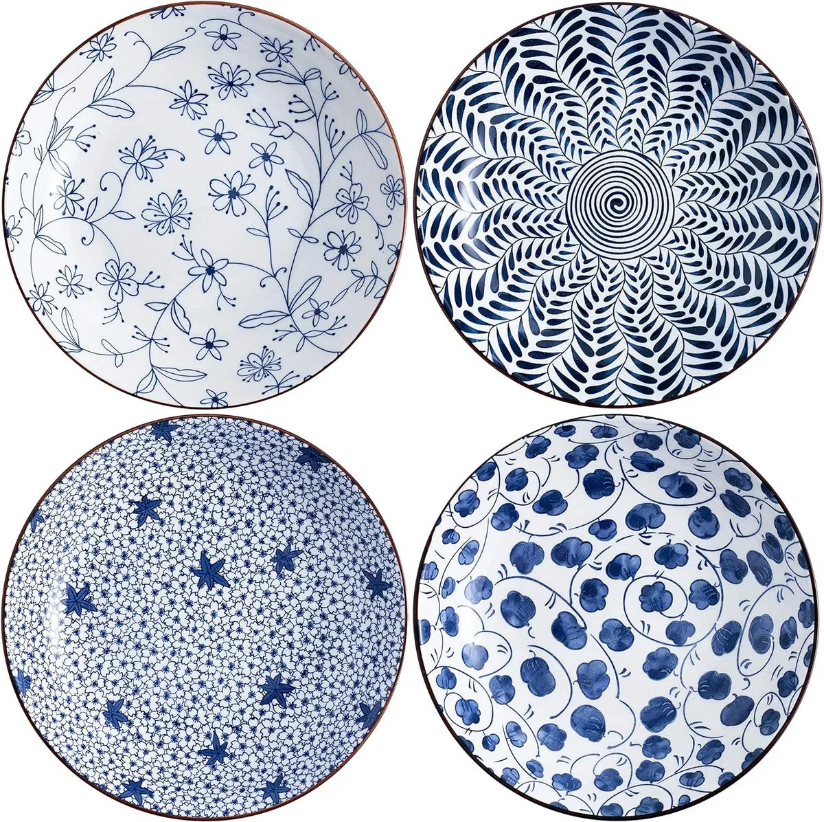 Keramische pastabordenset van 4, blauw en wit porselein 20 cm saladeschalen, diner platte borden, serveerschaal voor hapjes, salade, dessert en snacks (20 cm)