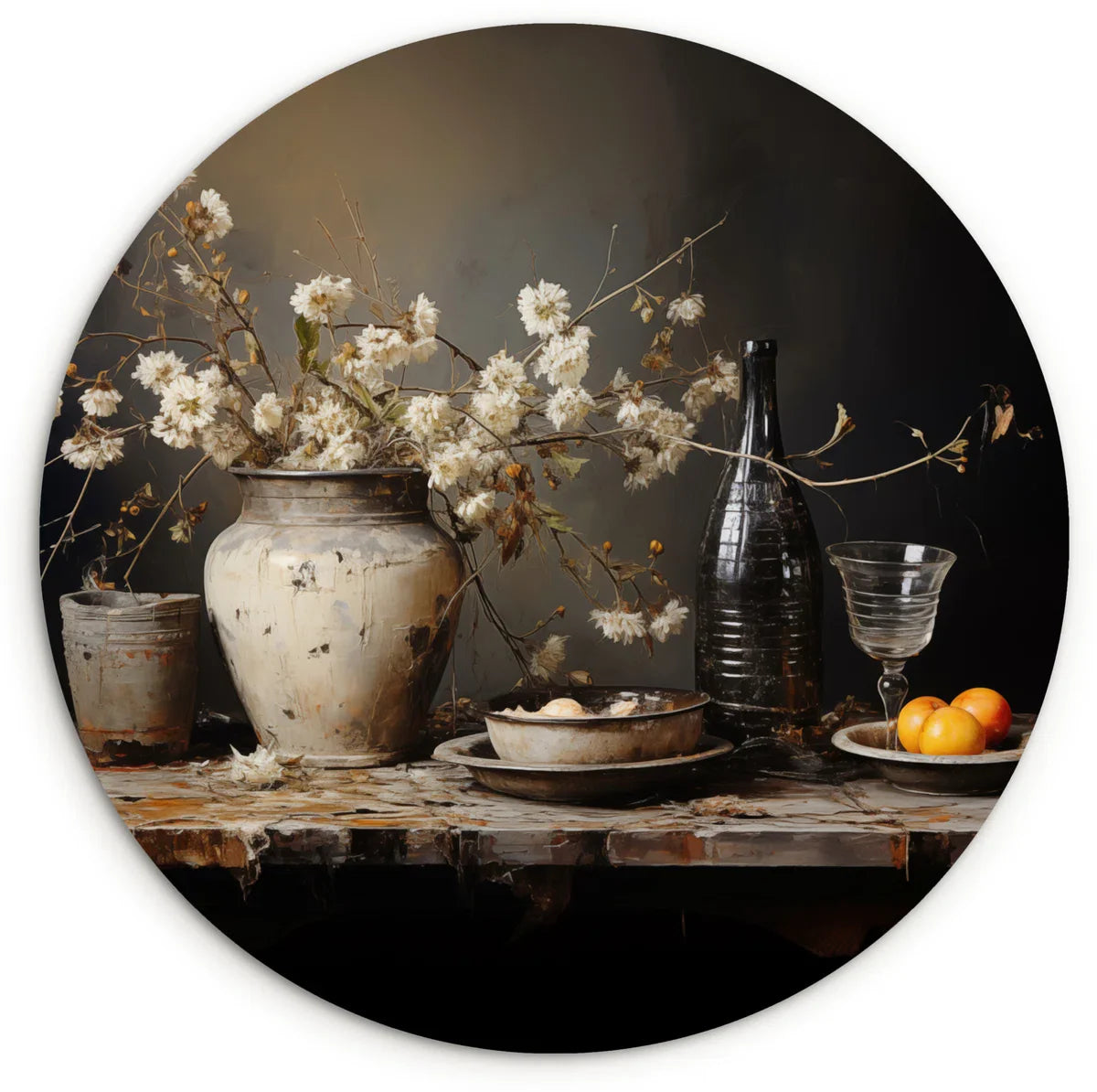 WallCircle® Wandcirkel 60x60 cm - Muurcirkel Stilleven - Bloemen - Boeket - Vaas - Wijn - Kunst - Muurdecoratie woonkamer - Wanddecoratie slaapkamer - Keuken - Kamer decoratie accessoires - Ronde schilderijen - Woonaccessoires