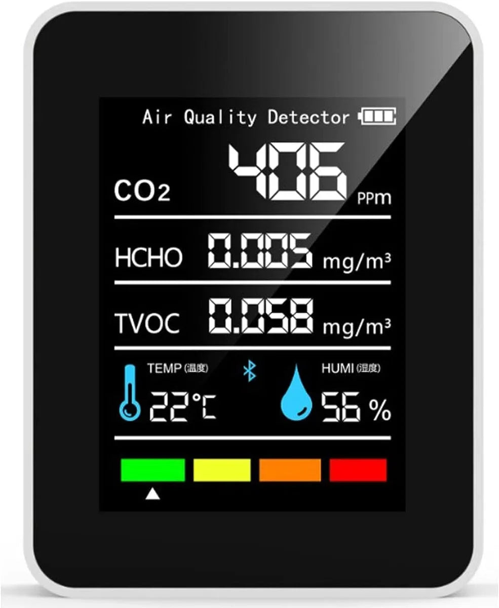 CO2-meter - CO2-meter binnen - Luchtkwaliteitsmeter - 5-in-1 meter - Kooldioxidemeter - Bereik tot 5000 ppm - Oplaadbaar - Wit/Zwart - Slimme CO2-meter - Inclusief alarm voor boven- en ondergrens