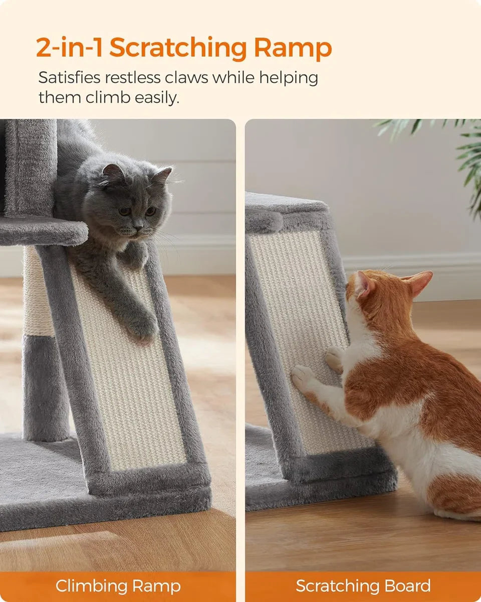 Large Cat Tree for Multiple Cats, Cat Condo with Hammock, Cat Scratching Post, 143 cm, Light Grey