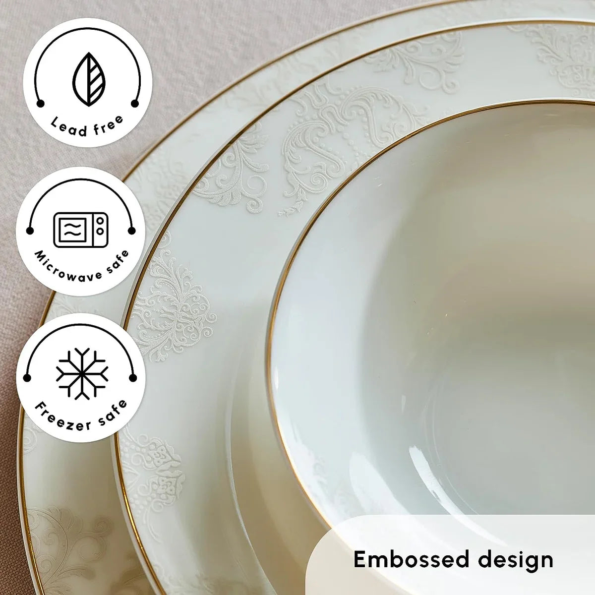 Tafelservies, 56-delig, tafelservies voor 12 personen, rond, combiservies, wit porseleinen servies, soepborden met platte borden
