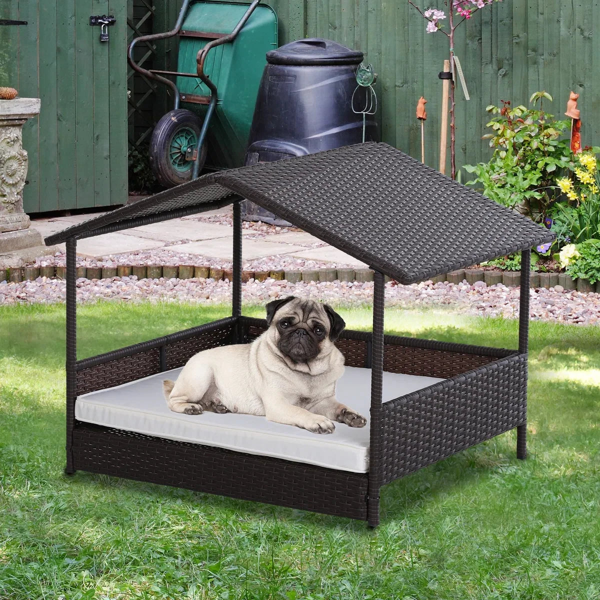 Polyrattan hondenbed - Rieten hondenhok - Hondenmand voor buiten - Bruin/Beige