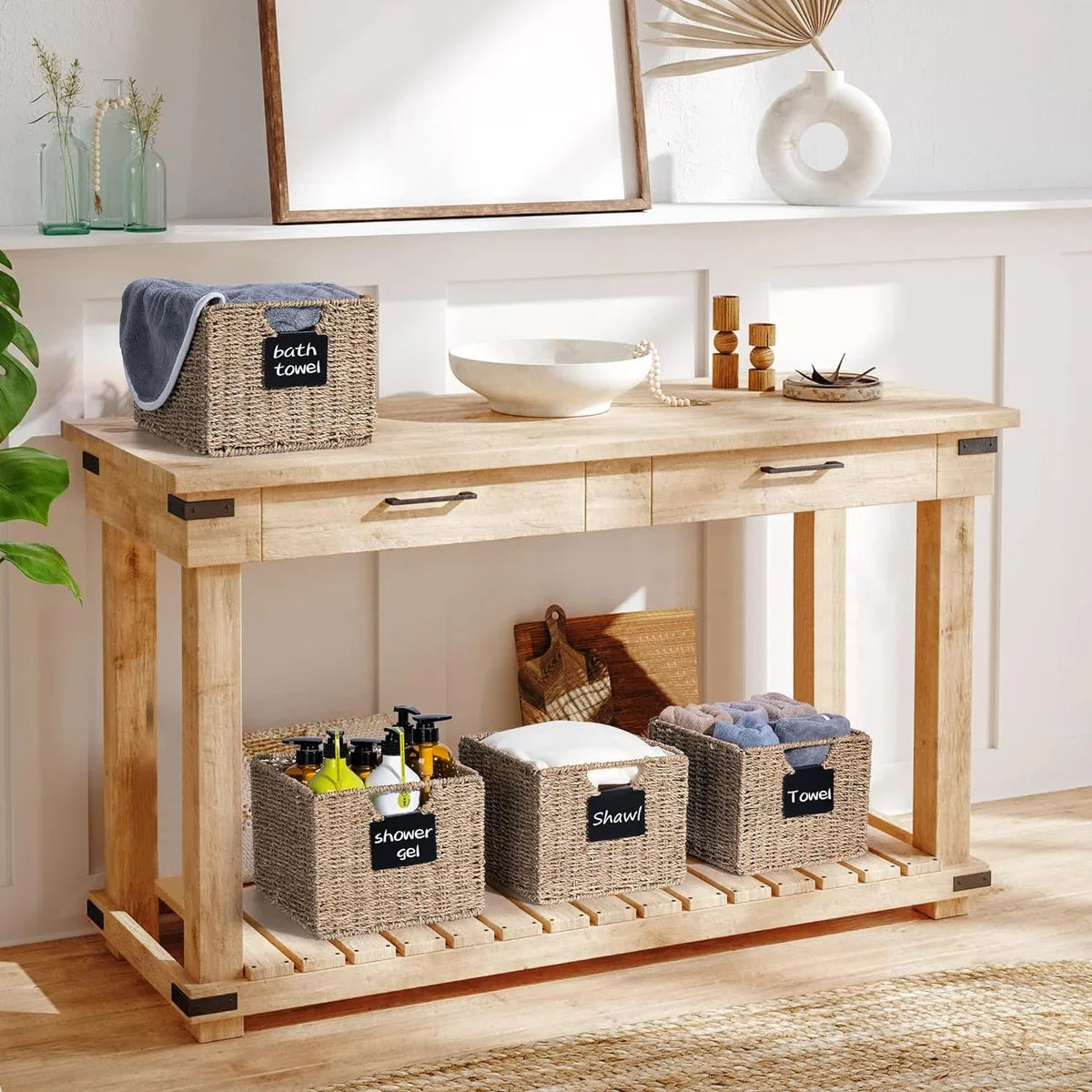 Set van 4 rechthoekige opbergmanden van zeegras, inklapbare mand, rieten mand, plankdoos, opbergdoos, natuurlijke mand, rieten manden, organizer voor badkamer, woonkamer, 26,5 x 24 x 19 cm.
