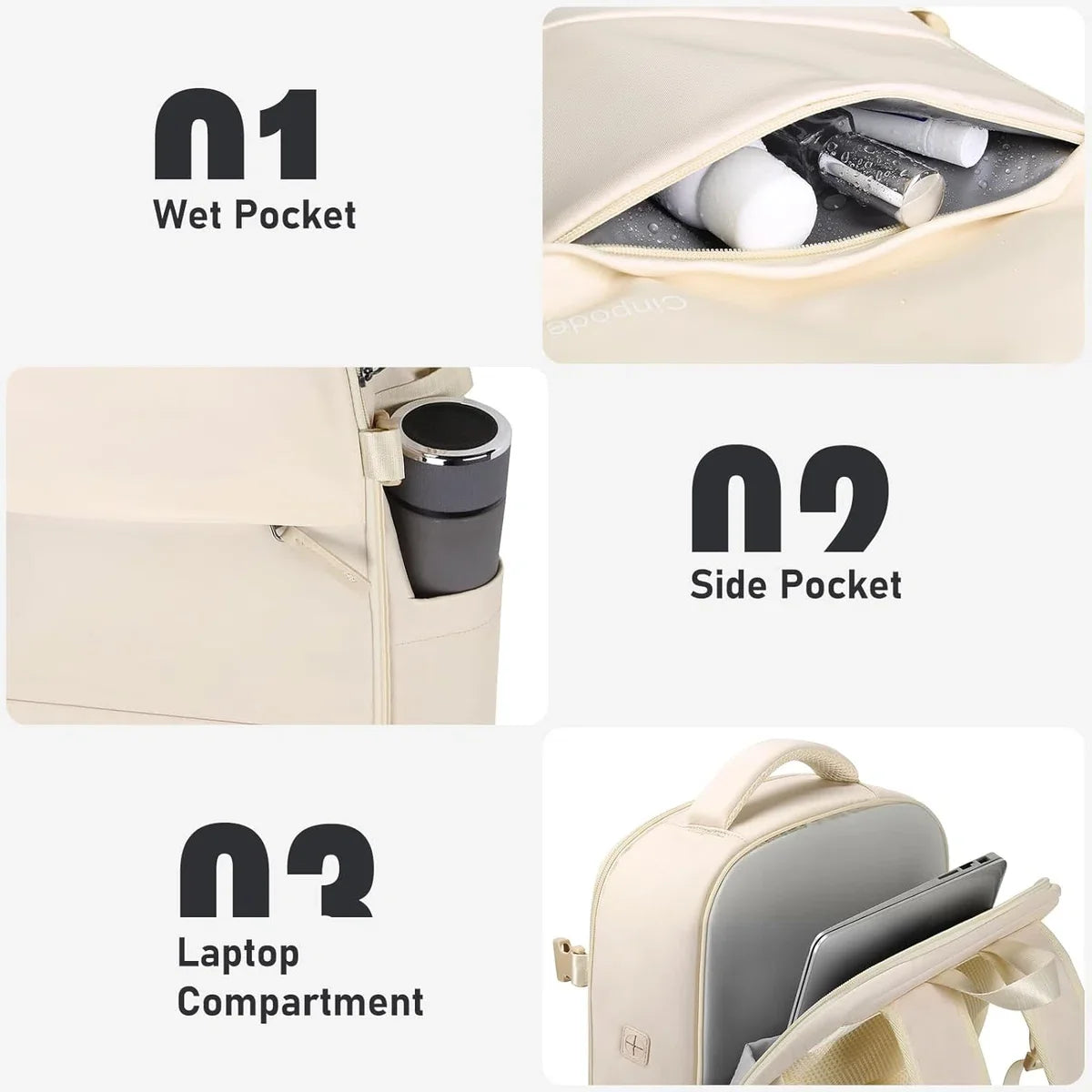Damesreisrugzak, handbagage, reisrugzak voor 15,6 inch laptop, anti-diefstal, waterafstotend, rugzak, vliegtuig, handbagage, reisrugzak voor dames, voor werk, school, reizen (beige)