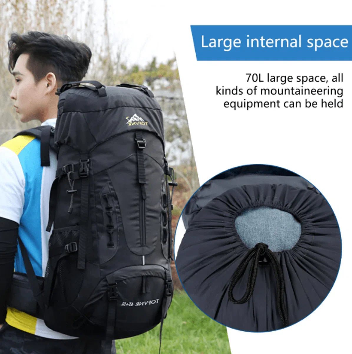 E-Shop4u® - 70L - Backpacks - Rugzak - Wandelrugzak - Kampeerrugzak - Wandelen - Trekking - Rugzak - Zwart - Lichtgewicht - Nylon - Waterbestendig - Duurzaam - Grote - Backpack Organizer